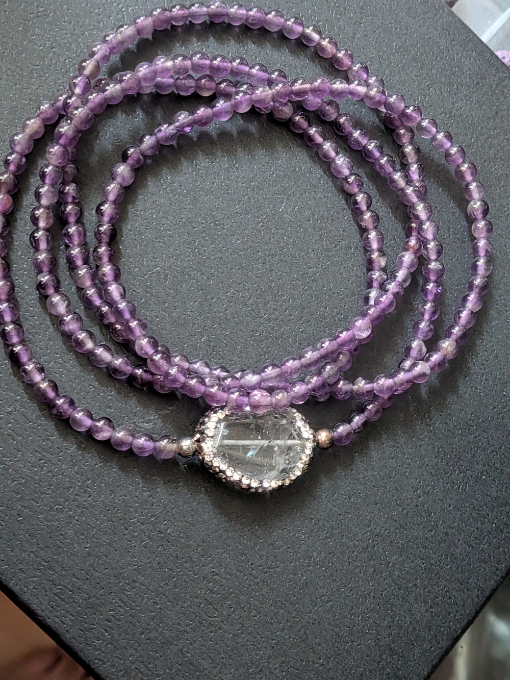 Stunning Amethyst Beaded Multi-Strand Wrap Bracelet with Clear Quartz Focal